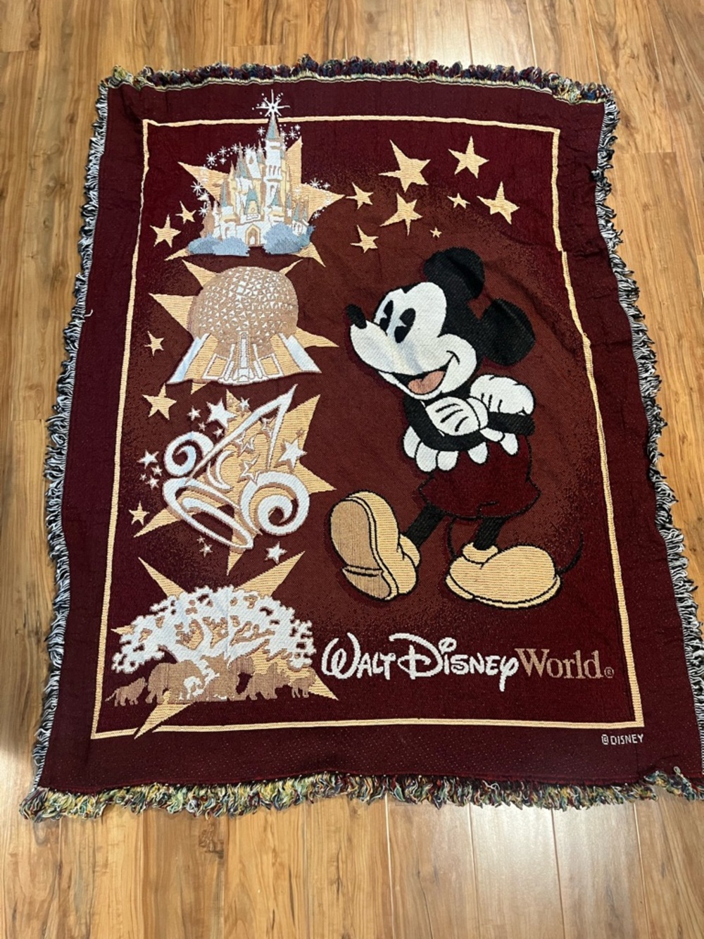 Vintage Walt Disney World Mickey Mouse Burgundy Throw Blanket